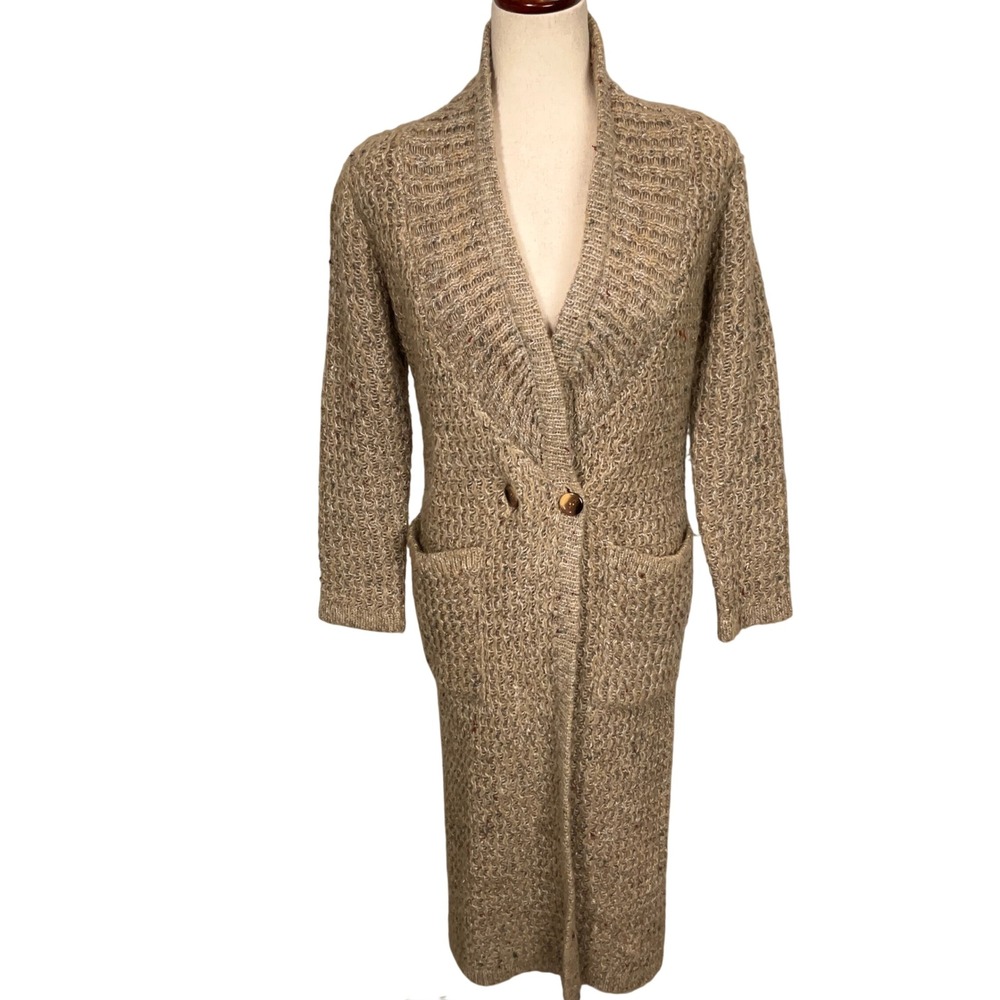 Carol Cohen Maxi Cardigan Women M Tan Multi Duster Chunky Donegal Style Duster